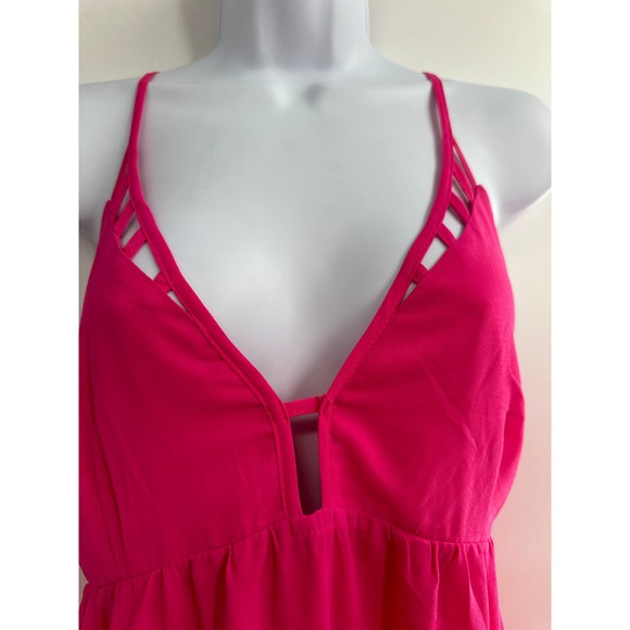 Lush Hot Pink Lasercut Strappy Crisscross Back Overlay Maxi Dress LargeNWOT - Picture 3 of 8